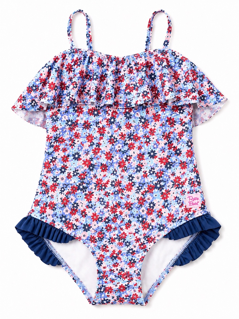 Ruffle Butts Girls Floral Ruffle One-Piece Swimsuit - Blue/Red